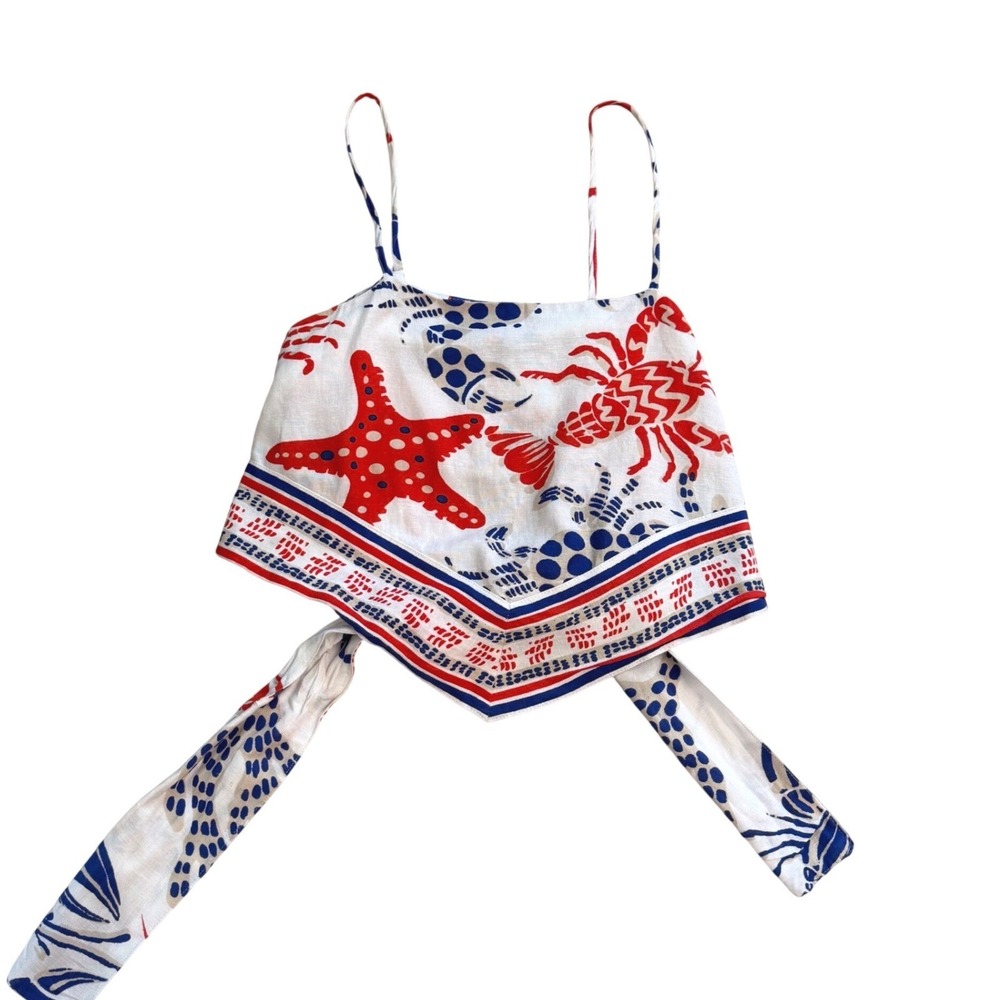 Midnight Sky Nautical Sea Creature Print Handkerchief Crop Cami Halter Top M